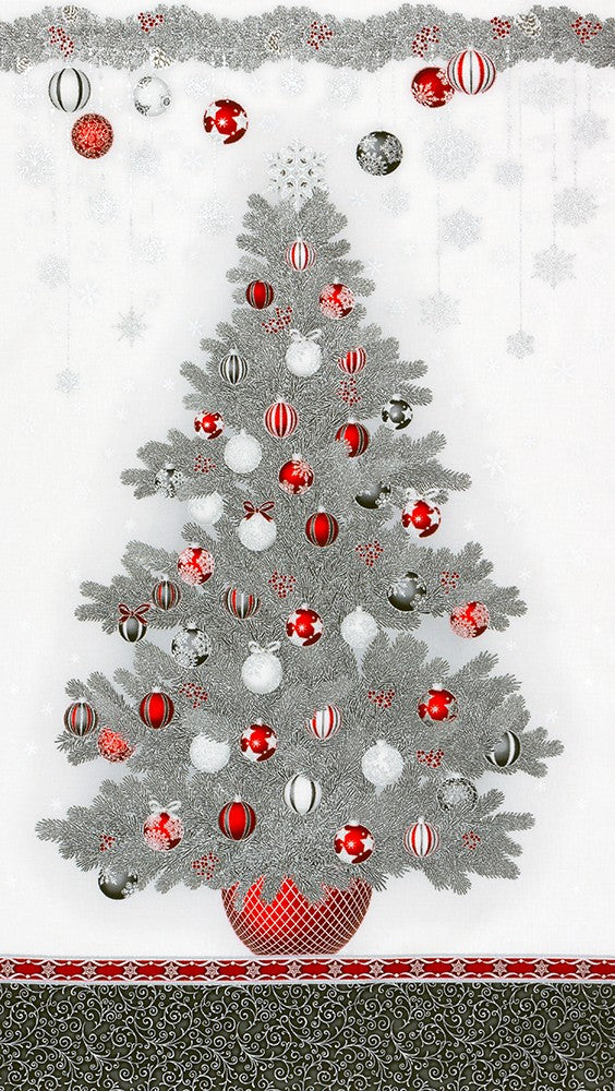 Holiday Flourish 15 Metallic Christmas Tree Panel 24" Silver Studio RK Robert Kaufman Cotton Fabric