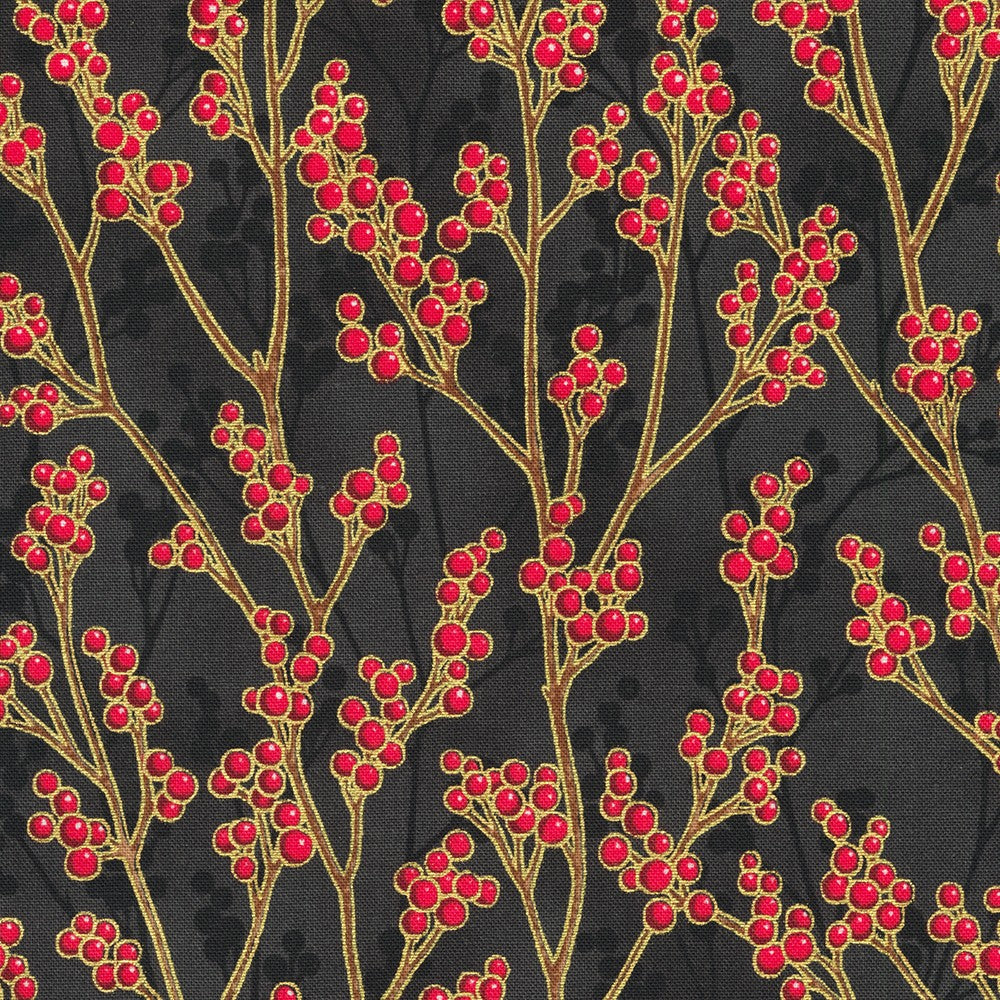 Holiday Flourish Festive Finery Berries Black Metallic Robert Kaufman Cotton Fabric