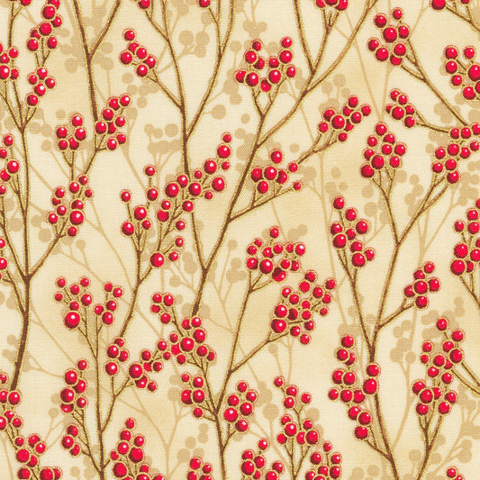 Holiday Flourish Festive Finery Berries Cream Metallic Robert Kaufman Cotton Fabric