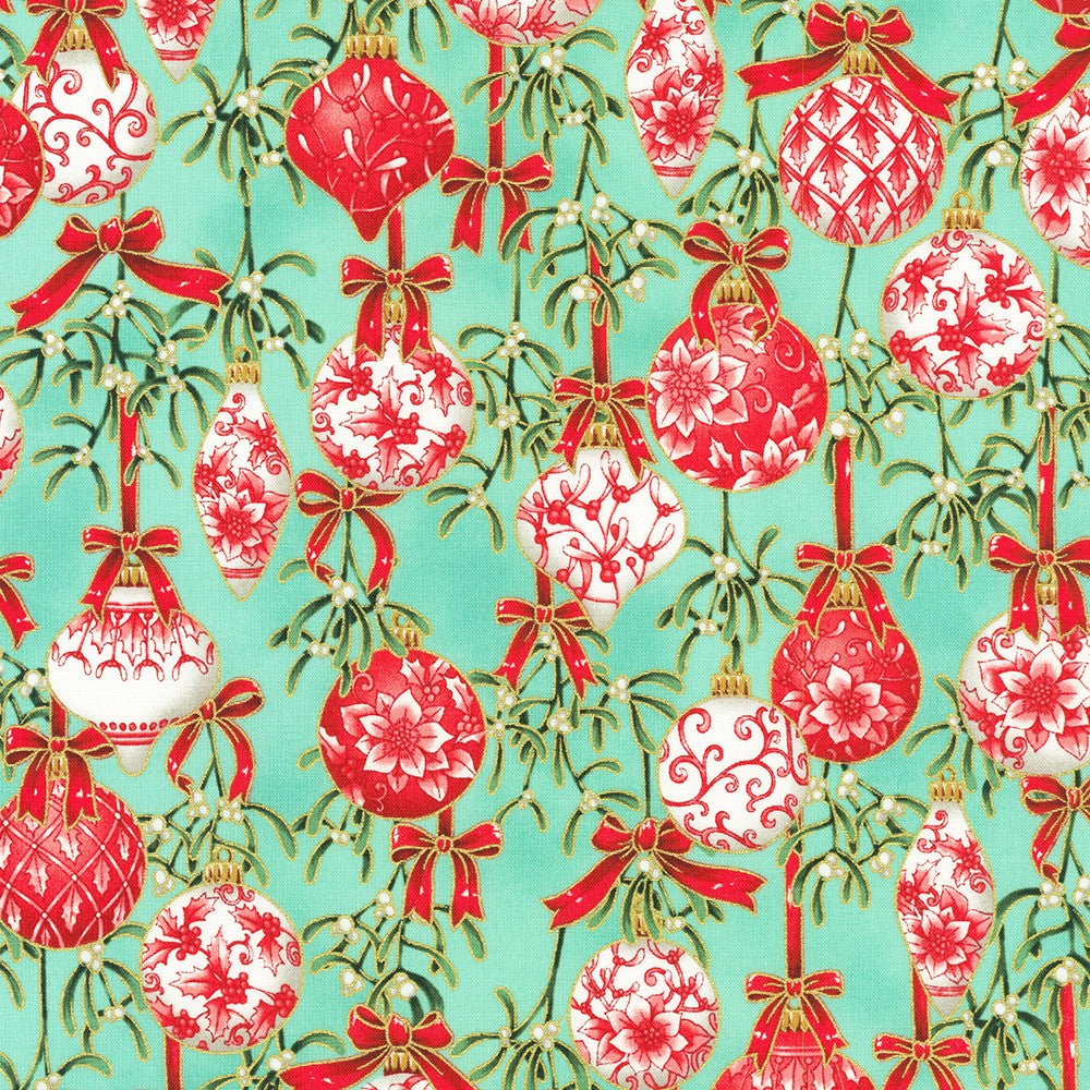 Holiday Flourish Festive Finery Christmas Ornaments Mint Green Metallic Robert Kaufman Cotton Fabric