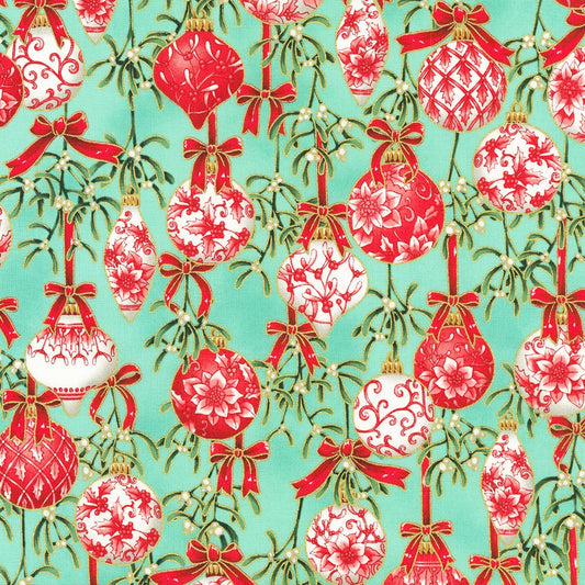 Holiday Flourish Festive Finery Christmas Ornaments Mint Green Metallic Robert Kaufman Cotton Fabric