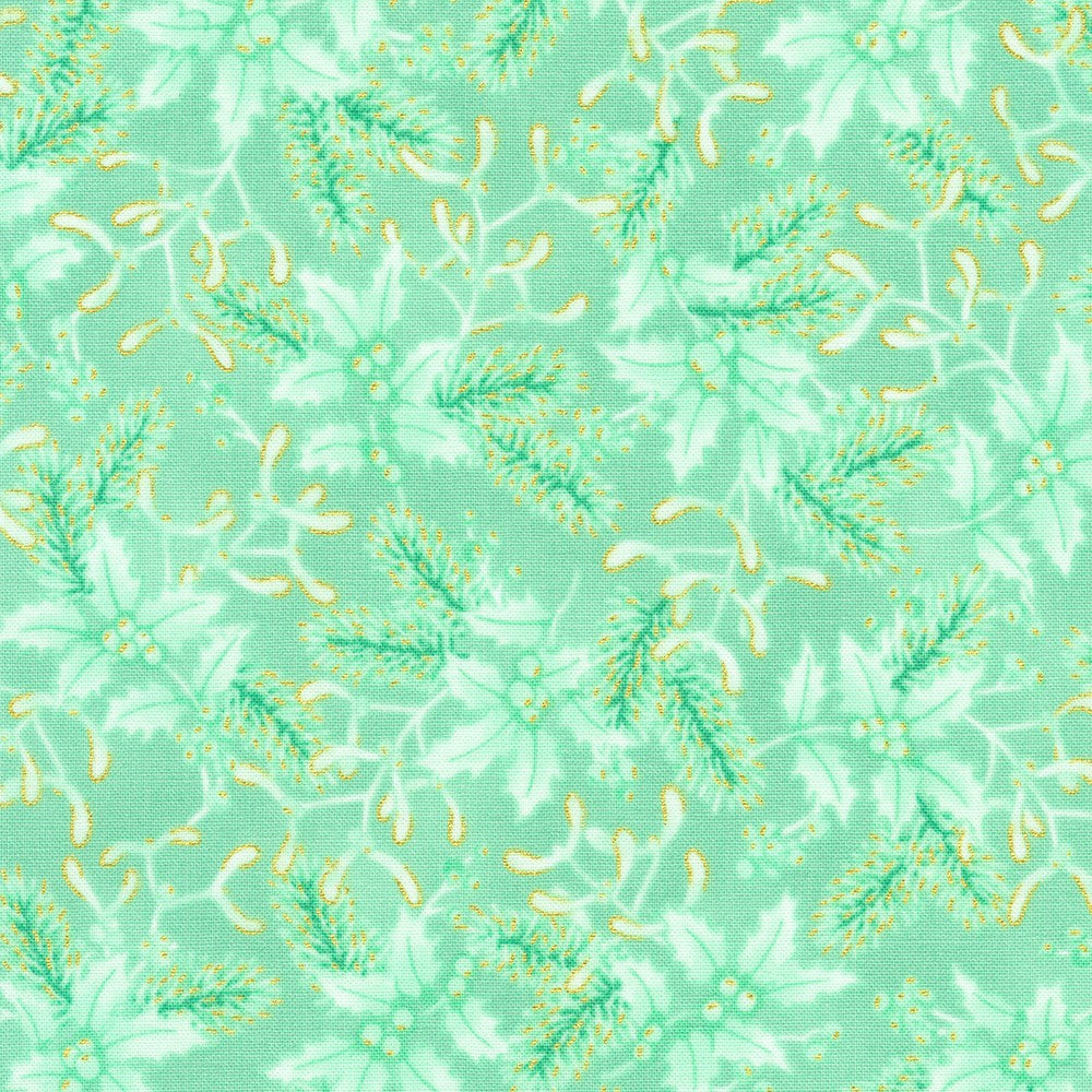 Holiday Flourish Festive Finery Holly Sprigs Mint Green Metallic Robert Kaufman Fabrics Cotton Fabric