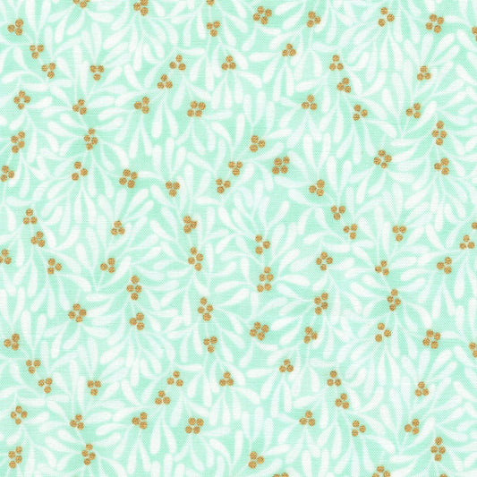 Holiday Flourish Festive Finery Leaves Mint Green Metallic Robert Kaufman Fabrics Cotton Fabric