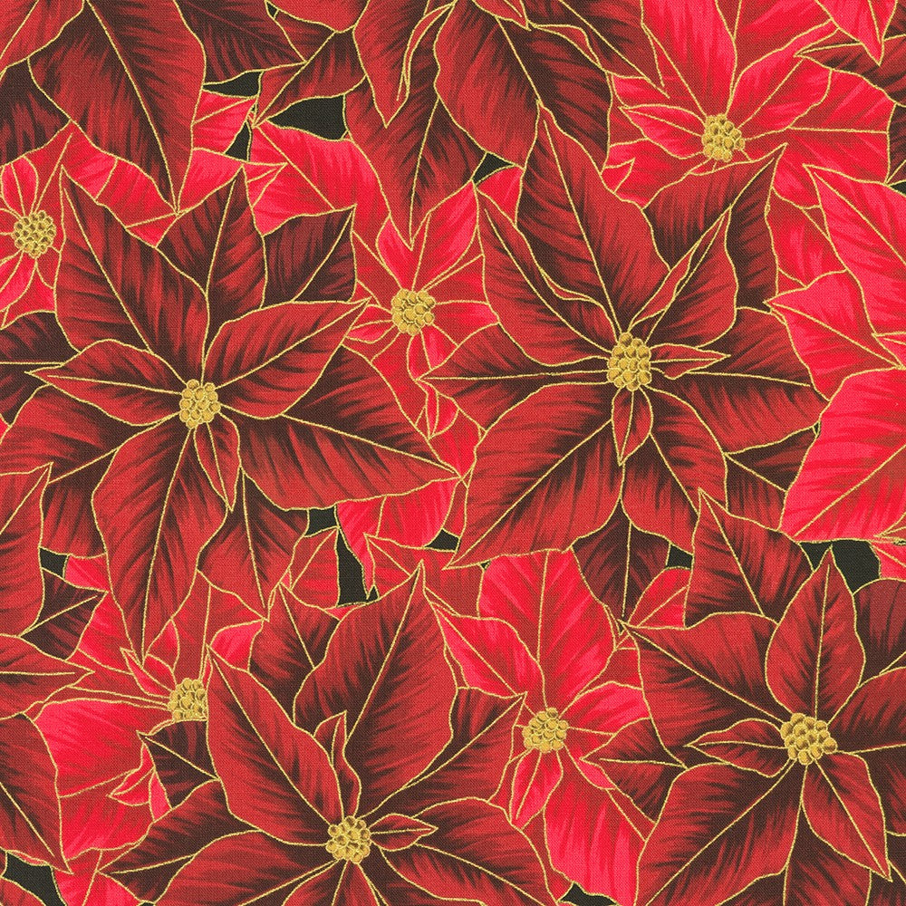 Holiday Flourish Festive Finery Packed Poinsettias Cranberry Red Metallic Robert Kaufman Cotton Fabric