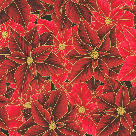 Holiday Flourish Festive Finery Packed Poinsettias Cranberry Red Metallic Robert Kaufman Cotton Fabric