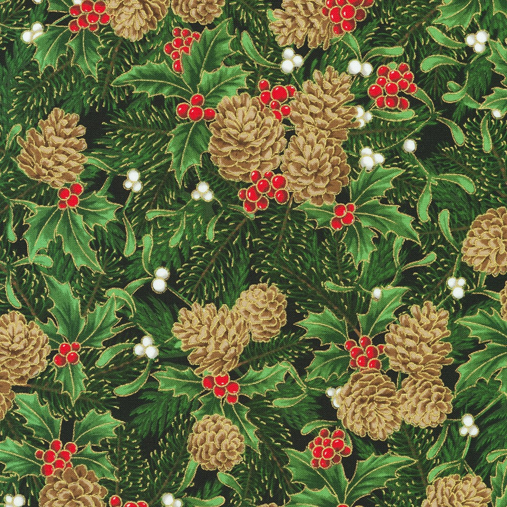 Holiday Flourish Festive Finery Pinecones Forest Green Metallic Robert Kaufman Fabrics Cotton Fabric