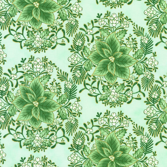 Holiday Flourish Festive Finery Poinsettias Holly Sprigs Fresh Sage Green Metallic R Kaufman Cotton Fabric