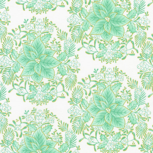 Holiday Flourish Festive Finery Poinsettias Holly Sprigs Mint Green Metallic Robert Kaufman Cotton Fabric