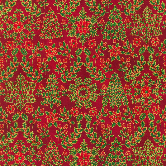 Holiday Flourish Snow Flower Christmas Tree Snowflake Damask Crimson Robert Kaufman Cotton Fabric