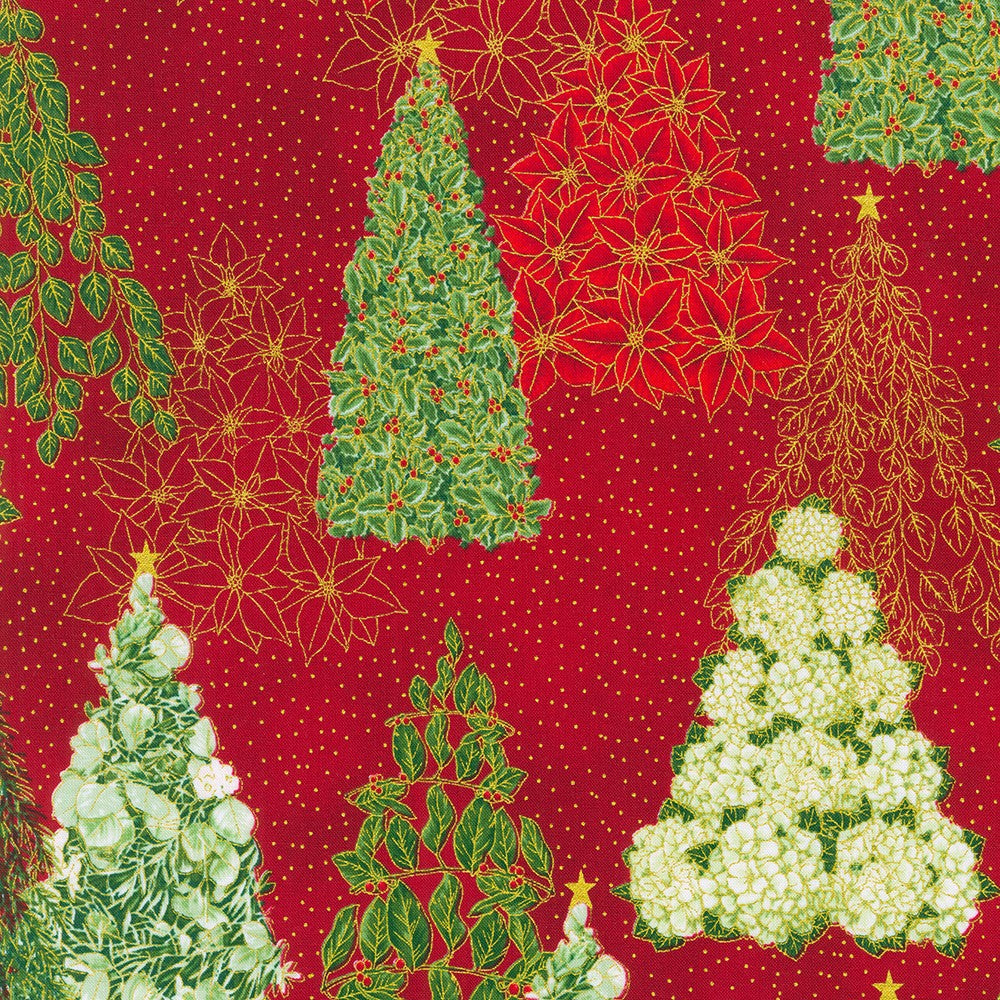 Holiday Flourish Snow Flower Christmas Trees Crimson Red Robert Kaufman Cotton Fabric