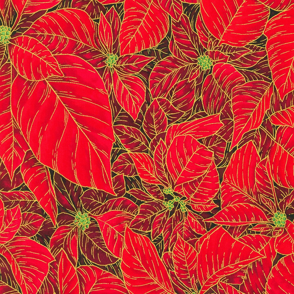 Holiday Flourish Snow Flower Poinsettia Blooms Crimson Red Robert Kaufman Cotton Fabric