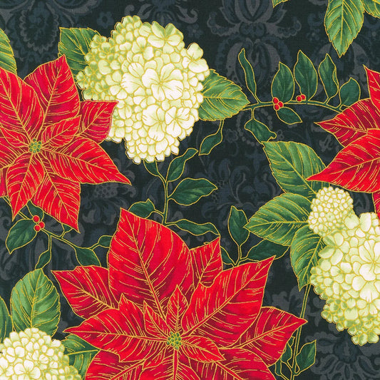 Holiday Flourish Snow Flower Poinsettia Christmas Damask Black Robert Kaufman Cotton Fabric