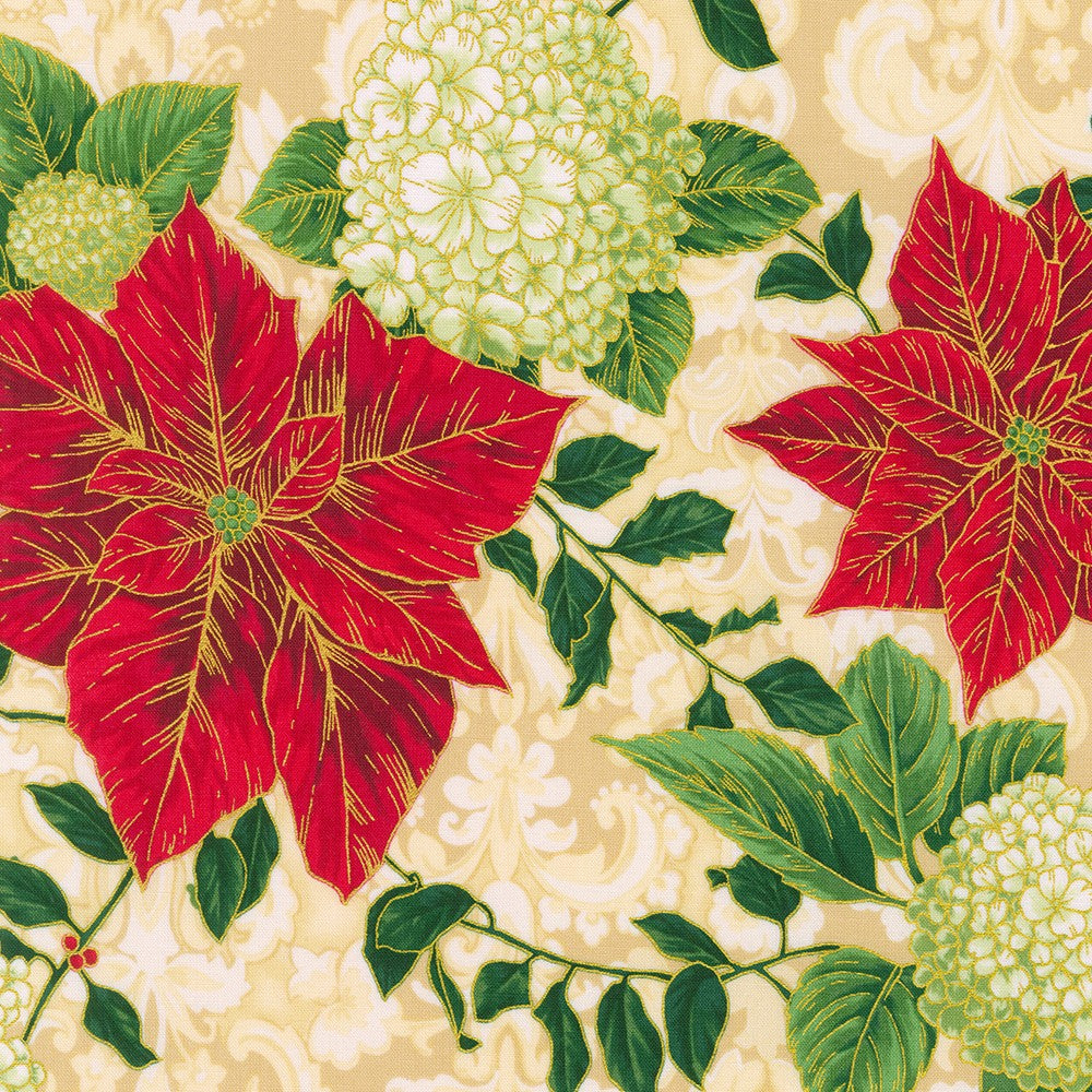 Holiday Flourish Snow Flower Poinsettia Christmas Damask Cream Robert Kaufman Cotton Fabric