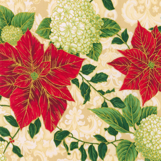 Holiday Flourish Snow Flower Poinsettia Christmas Damask Cream Robert Kaufman Cotton Fabric