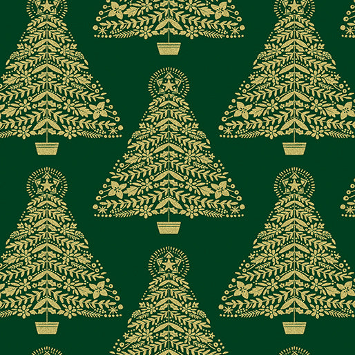 Holiday Sparkle Festive Trees Green Metallic Gold Kanvas Studio Benartex Cotton Fabric