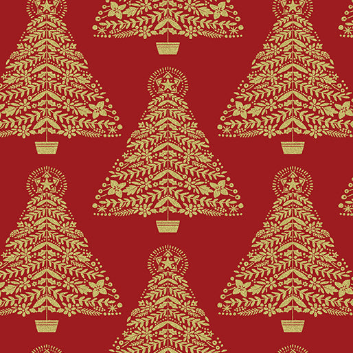 Holiday Sparkle Festive Trees Red Metallic Gold Kanvas Studio Benartex Cotton Fabric