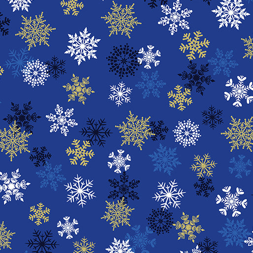 Holiday Sparkle Sparkling Snowflakes Royal Blue Metallic Gold Kanvas Studio Benartex Cotton Fabric