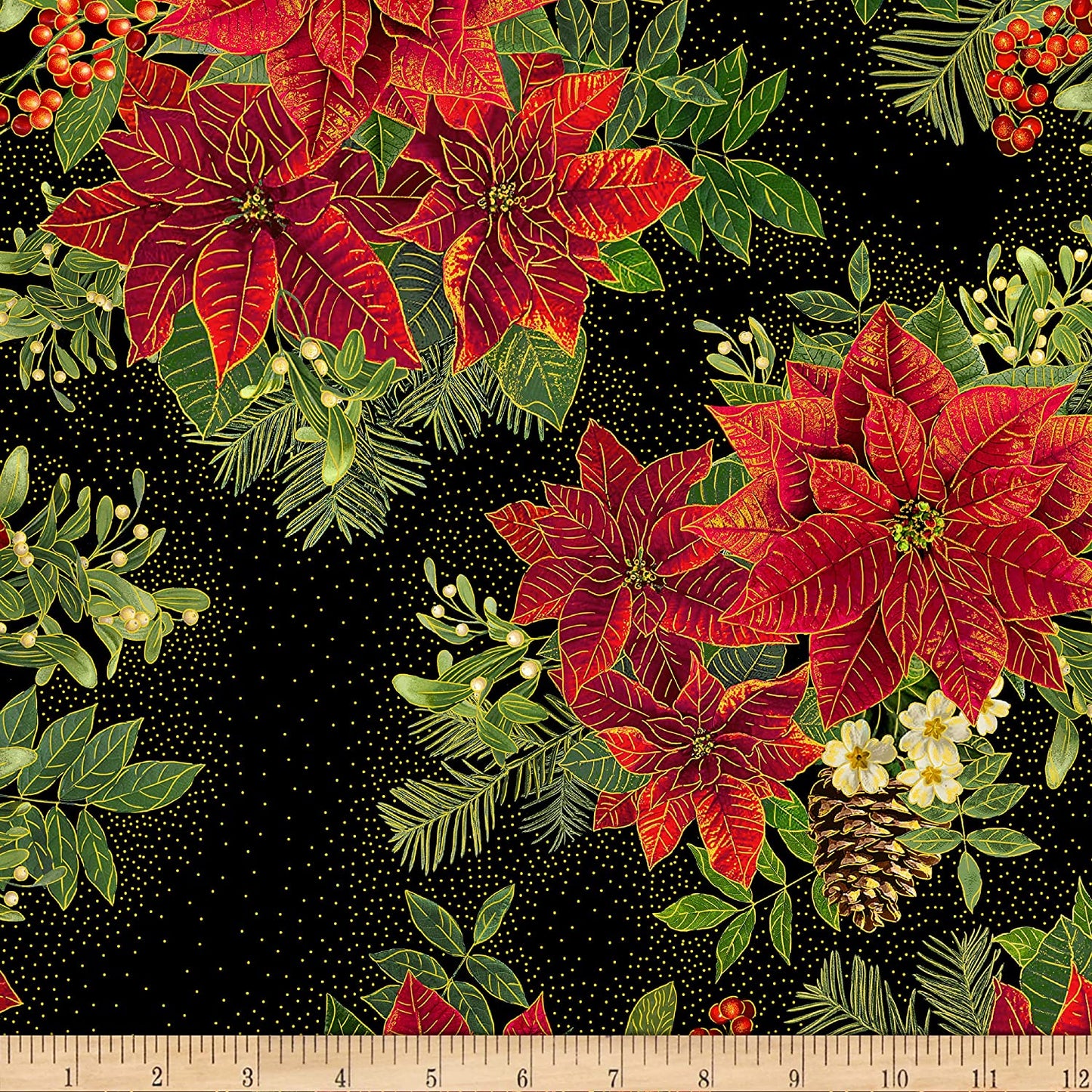 Holiday Spice Large Poinsettia Bouquets Black Timeless Treasures Cotton Fabric