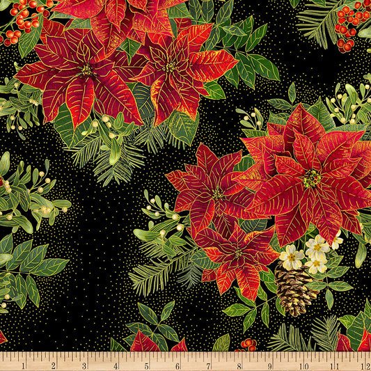 Holiday Spice Large Poinsettia Bouquets Black Timeless Treasures Cotton Fabric