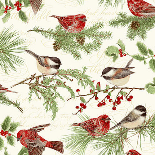 Holiday Botanical Birds and Twigs Jane Shasky Henry Glass Cotton Fabric