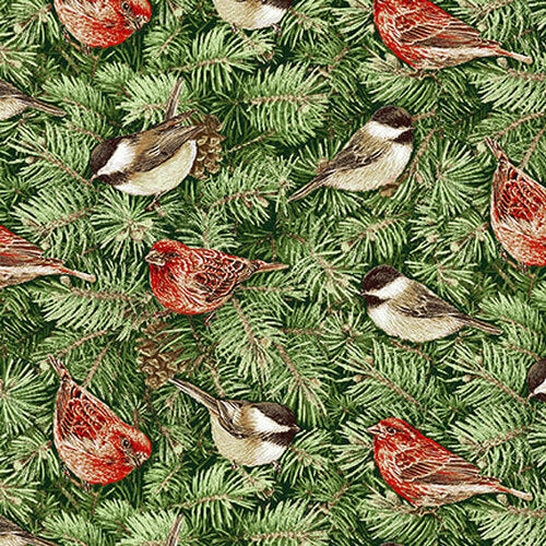 Holiday Botanical Birds on Pine Branches Jane Shasky Henry Glass Cotton Fabric
