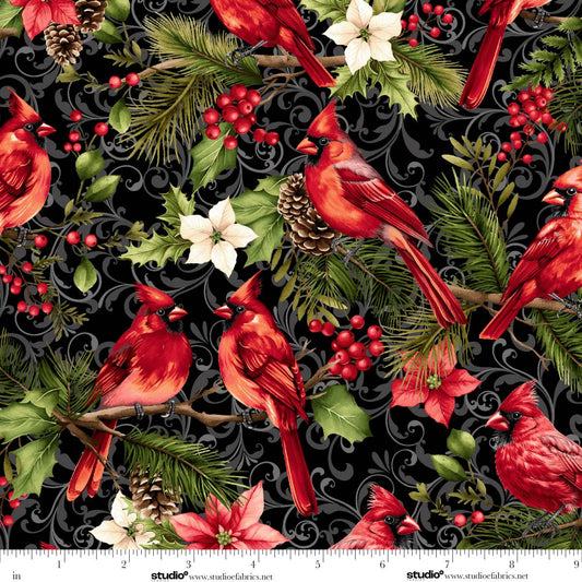Holiday Feathers and Flourish Cardinal Birds and Feathers Black Art Loft Studio E Cotton Fabric SE-9265-99
