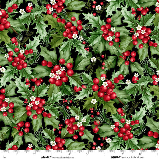 Holiday Feathers and Flourish Holly Berry Black Multi Art Loft Studio E Cotton Fabric SE-9269-99