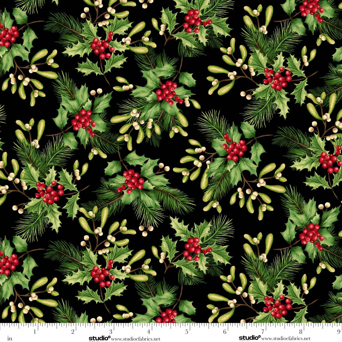 Holiday Feathers and Flourish Holly and Mistletoe Black Multi Art Loft Studio E Cotton Fabric SE-9268-99