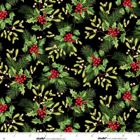 Holiday Feathers and Flourish Holly and Mistletoe Black Multi Art Loft Studio E Cotton Fabric SE-9268-99