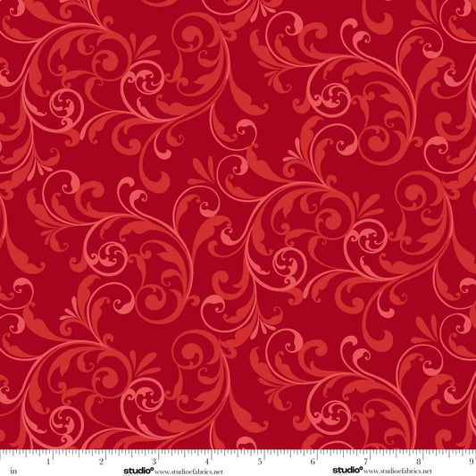 Holiday Feathers and Flourish Scroll Red Art Loft Studio E Cotton Fabric SE-9266-88