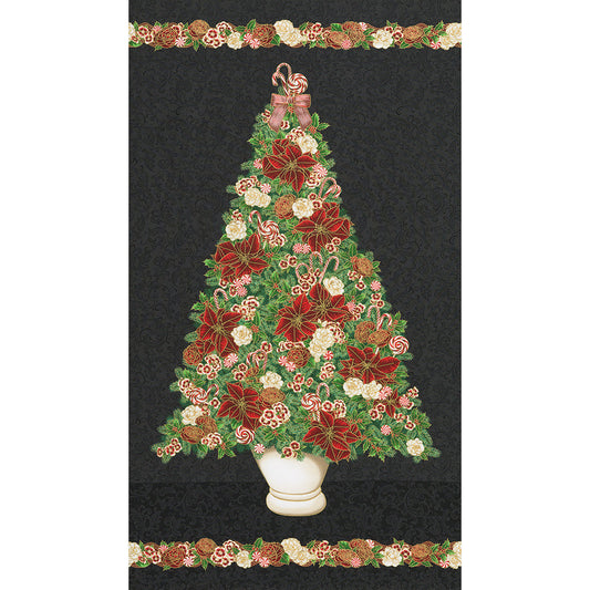 Holiday Flourish Peppermint Twist Christmas Tree Panel 24" Black Metallic Robert Kaufman Cotton Fabric RK-SRKM-22944-2