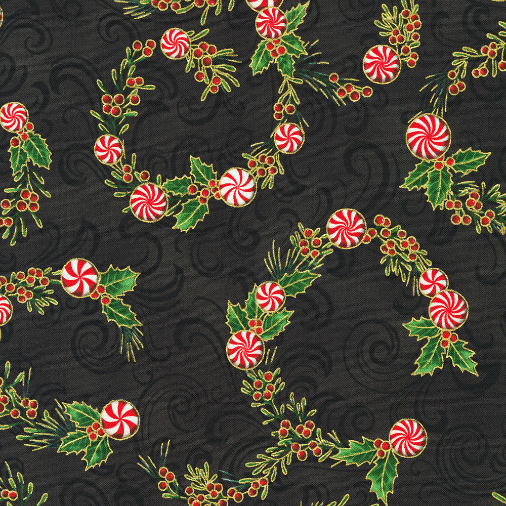 Holiday Flourish Peppermint Twist Candies Black Metallic Robert Kaufman Cotton Fabric RK-SRKM-22947-2