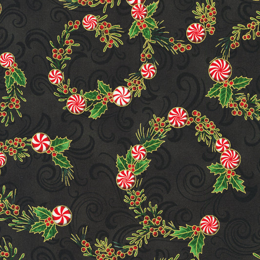 Holiday Flourish Peppermint Twist Candies Black Metallic Robert Kaufman Cotton Fabric RK-SRKM-22947-2
