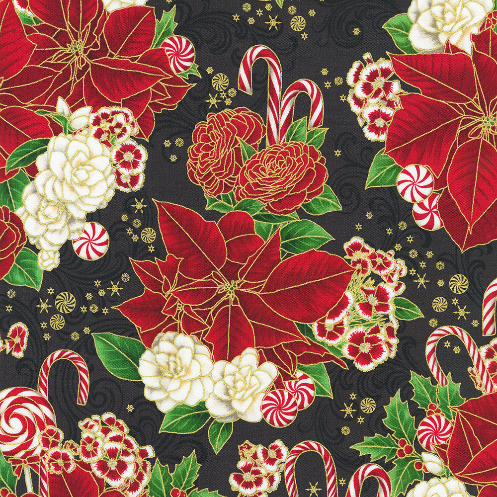 Holiday Flourish Peppermint Twist Poinsettias Black Metallic Robert Kaufman Cotton Fabric RK-SRKM-22945-2
