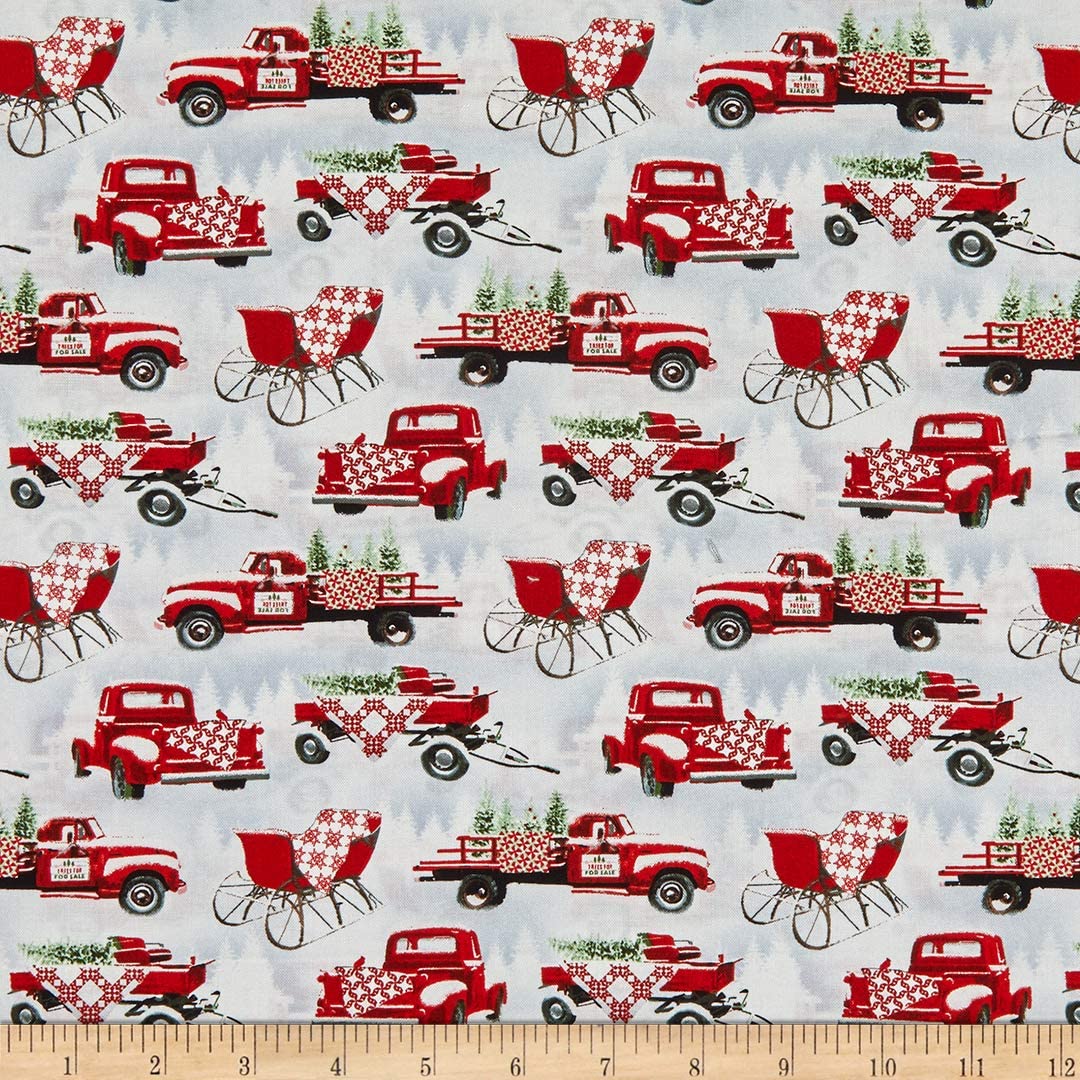 Holiday Heartland Red Trucks Jan Shade Beach Henry Glass Cotton Fabric