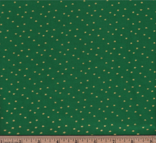 Holiday Metallic Gold Stars Green Foust Textiles Cotton Fabric