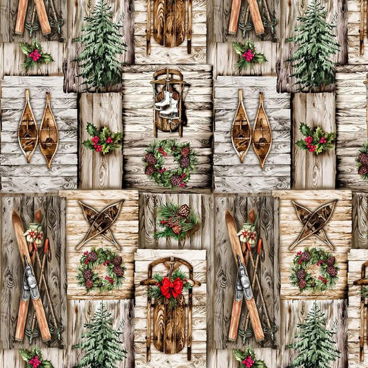 Holiday Retreat Sled Skis Snowshoes Wood Clap Board Natural Timeless Treasures Cotton Fabric