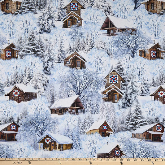 Holiday Retreat Winter Cabins Quilt Symbol Snow White Timeless Treasures Cotton Fabric