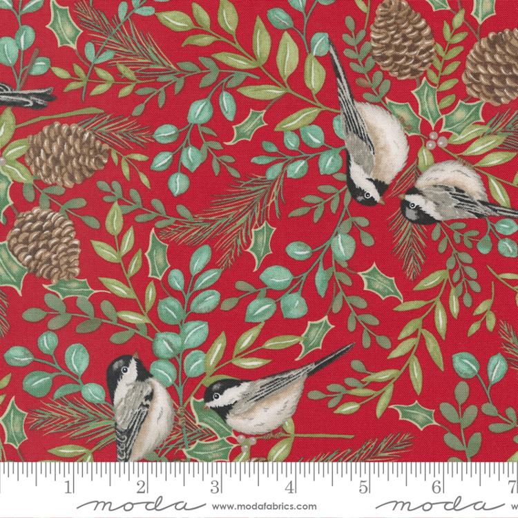 Holidays At Home Chickadee And Greenery Landscape and Nature Berry Red Deb Strain Moda Cotton Fabric