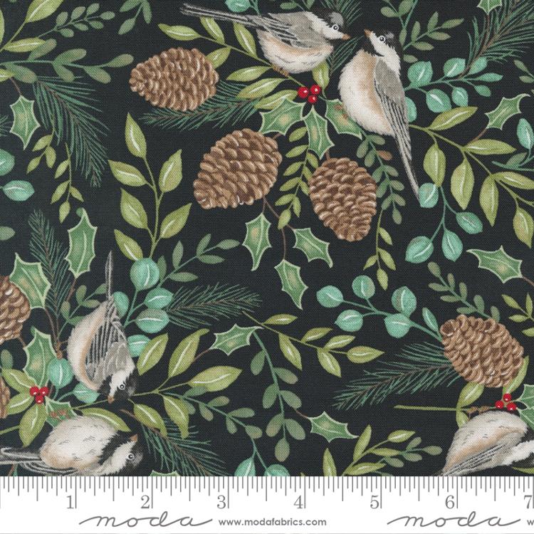 Holidays At Home Chickadee And Greenery Landscape and Nature Charcoal Black Deb Strain Moda Cotton Fabric