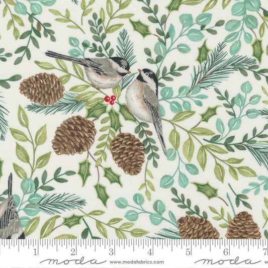 Holidays At Home Chickadee And Greenery Landscape and Nature Off White Deb Strain Moda Cotton Fabric