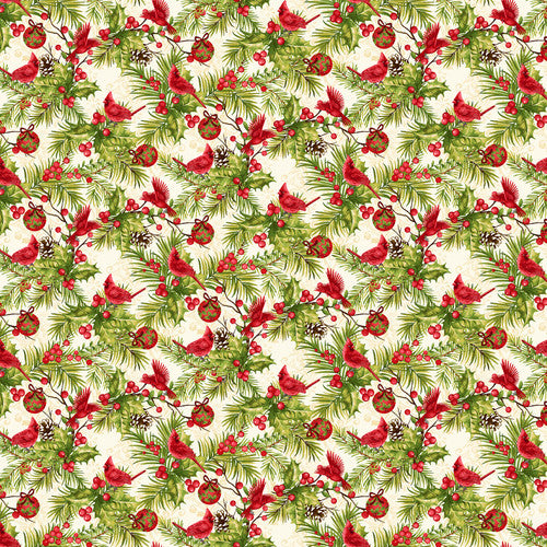 Holly Berry Park Birds and Ornaments Cream Art Loft Studio E Cotton Fabric