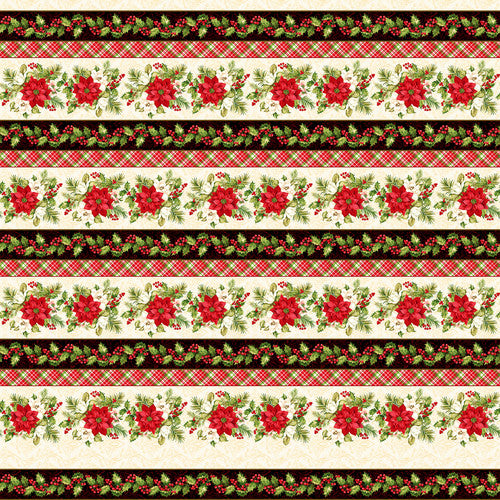 Holly Berry Park Border Stripe Cream Art Loft Studio E Cotton Fabric