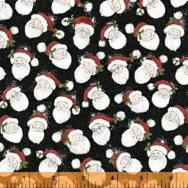 Holly Jolly Christmas Santa Claus Cartoon Heads Toss Black Whistler Studios Windham Fabrics Cotton Fabric