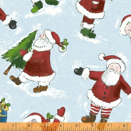 Holly Jolly Christmas Santa Claus Cartoon Toss Blue Whistler Studios Windham Fabrics Cotton Fabric