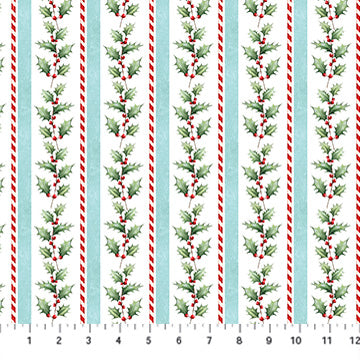 Holly Jolly Holly Stripe White Multi EML Studio Northcott Cotton Fabric NC-28814-10