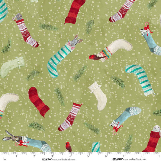 Holly Woods Critter Stockings Sage Green Cathy Walters Studio E Cotton Fabric SE-9245-61