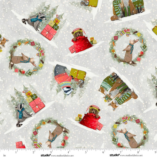 Holly Woods  Critter Vignette Pearl Grey Cathy Walters Studio E Cotton Fabric SE-9235-11