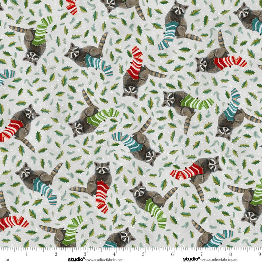 Holly Woods Knitting Raccoons Pearl Grey Cathy Walters Studio E Cotton Fabric SE-9242-11