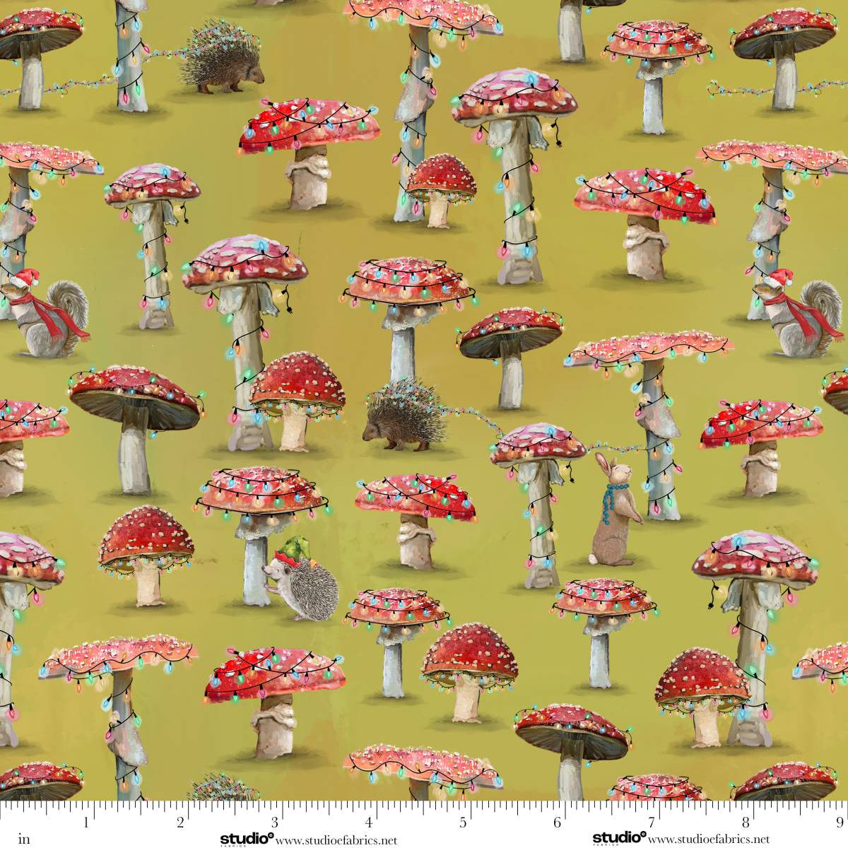 Holly Woods Mushroom Trees Citrus Green Cathy Walters Studio E Cotton Fabric SE-9239-44